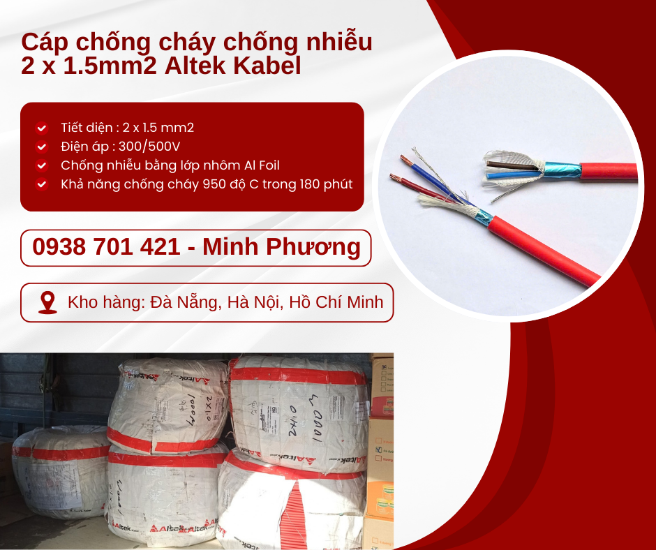 Dây cáp điện chống cháy chống nhiễu 2x1.5mm2 sẵn kho Đà Nẵng, Hà Nội, Hồ Chí Min